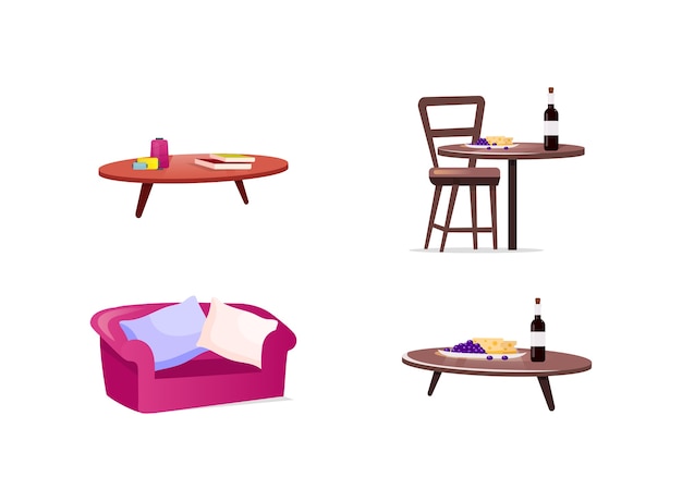 Conjunto de objetos de color plano de muebles para el hogar. Sofá y almohadas. Plato de queso y uvas con botella de vino en la mesa. Dibujos animados aislados