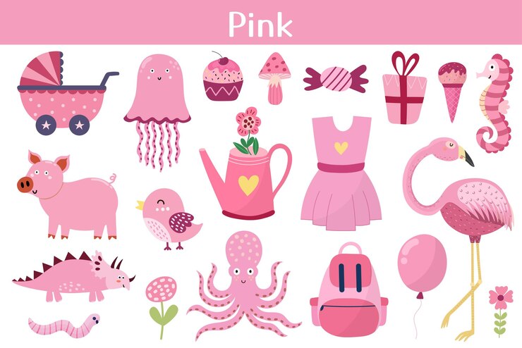 Vector conjunto de objetos de color rosa colores de aprendizaje para niños colección de elementos lindos fondo educativo