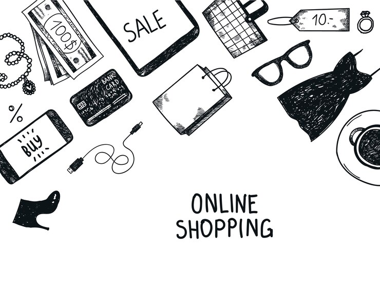 Vector conjunto de objetos de compras en línea dibujados a mano, ilustración, iconos. banner, cartel, tarjeta en blanco y negro
