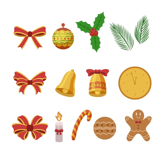 Conjunto de objetos y decoraciones navideñas