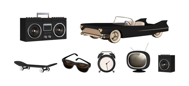 Conjunto de objetos de diseño 3d realistas, camión convertible negro, grabadora retro, gafas de sol modernas, TV vintage, monopatín deportivo, columna de música, despertador. ilustración vectorial