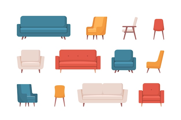 Conjunto de objetos de diseño de interiores para el hogar acogedor Mobiliario de interiores Silla de sillón sofá Ilustración vectorial
