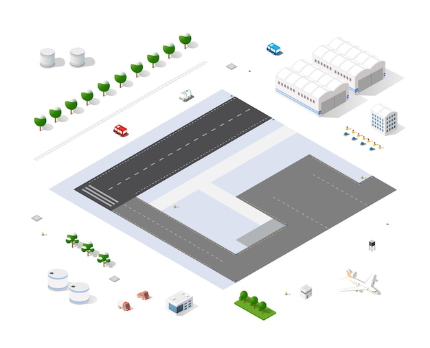 Conjunto de objetos y elementos isométricos para la construcción y construcción del área urbana de la infraestructura del aeropuerto de la ciudad con calles de transporte, casas y árboles.