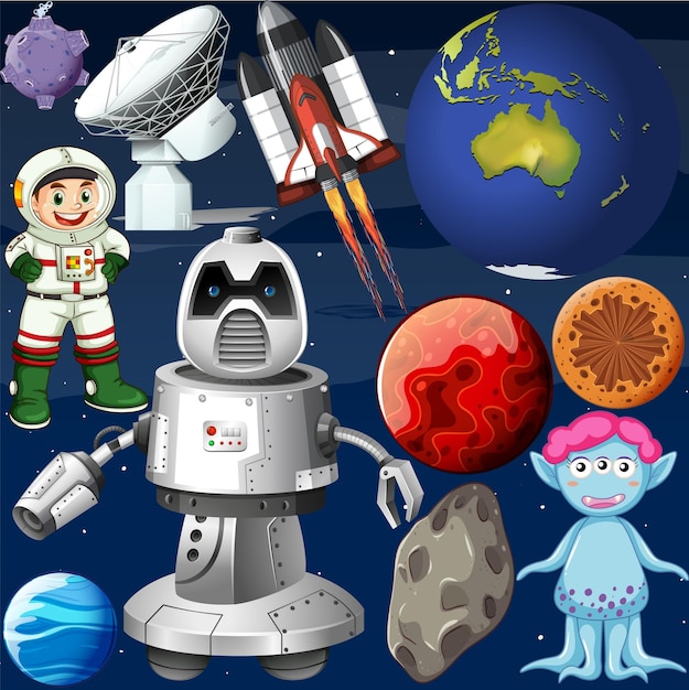 Conjunto de objetos espaciales en el espacio.