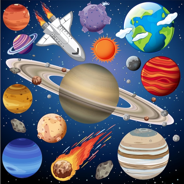 Conjunto de objetos espaciales en el espacio.