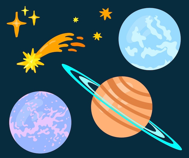 Conjunto de objetos espaciales: estrellas, cometas, planetas. ilustración vectorial dibujada a mano.