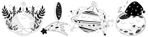 Conjunto de objetos espaciales planetas estrellas Vector dibujado a mano Planetas vector colección de iconos