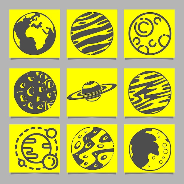 Conjunto de objetos espaciales planetas estrellas Vector dibujado a mano