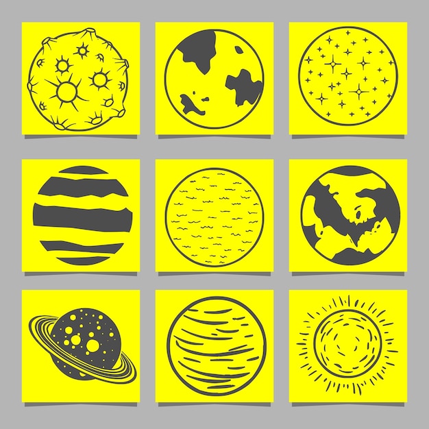 Conjunto de objetos espaciales planetas estrellas Vector dibujado a mano