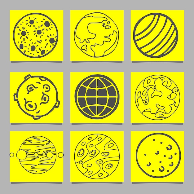 Conjunto de objetos espaciales planetas estrellas Vector dibujado a mano
