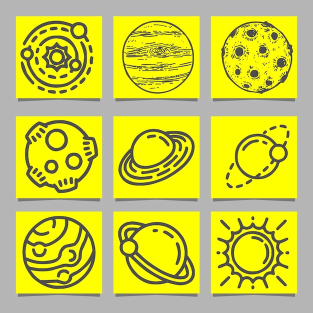 Conjunto de objetos espaciales planetas estrellas Vector dibujado a mano