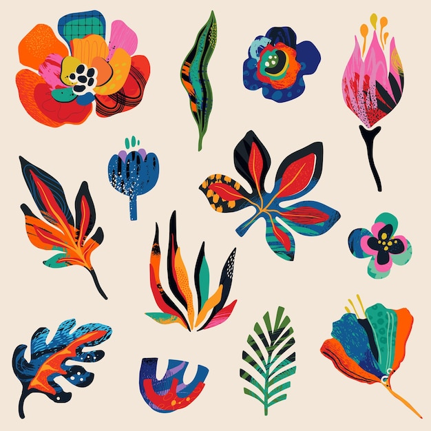 Conjunto de objetos florales vectoriales en estilo abstracto moderno Flores hojas cortadas elementos papar y textura dibujada a mano