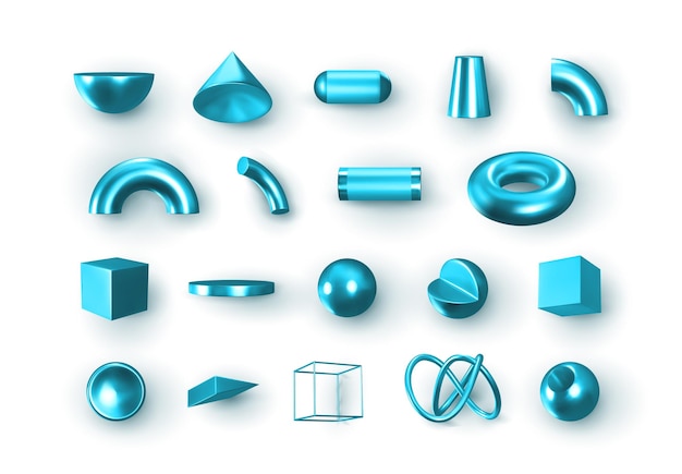 Conjunto de objetos de formas geométricas azules 3d. elementos de geometría realista aislados en fondo blanco, en degradado de color metálico. render figura turquesa decorativa para el diseño. ilustración vectorial