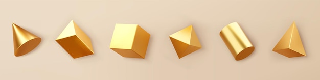 Conjunto de objetos de formas geométricas de oro de procesamiento 3D aislado sobre fondo. Primitivas realistas brillantes doradas: cubo, cilindro, cono, pirámide con sombras. Vector decorativo abstracto para diseño de moda