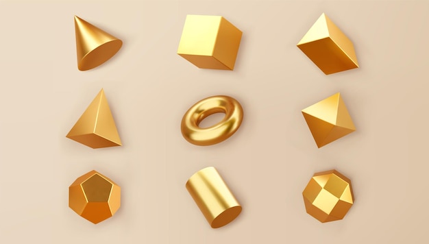 Vector conjunto de objetos de formas geométricas de oro de procesamiento 3d aislado sobre fondo. primitivas realistas brillantes doradas: cubo, cilindro, tubería con sombras. figura vectorial decorativa abstracta para diseño de moda.