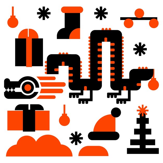 Un conjunto de objetos geométricos de Navidad y un dragón en colores naranja y negro La temporada de invierno de nieve