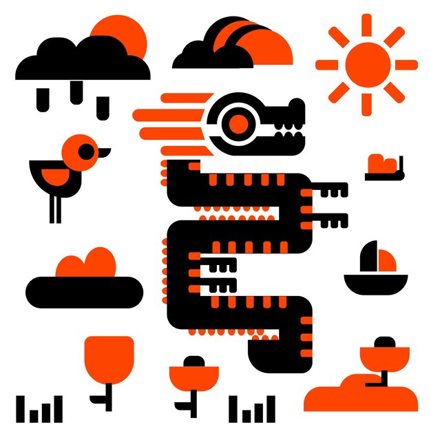 Un conjunto de objetos geométricos de primavera y un dragón en colores naranja y negro flores de sol de la temporada de primavera
