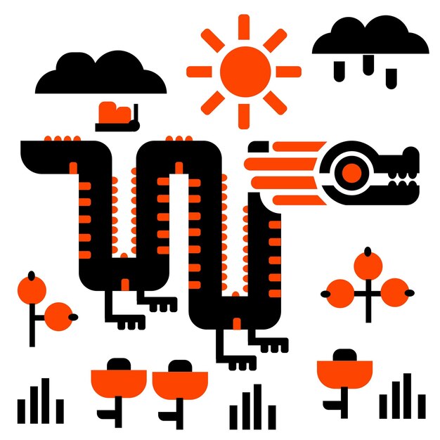 Un conjunto de objetos geométricos de verano y un dragón en colores naranja y negro la temporada de verano bayas sol