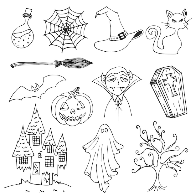 Conjunto de objetos de ilustración vectorial dibujados a mano de halloween