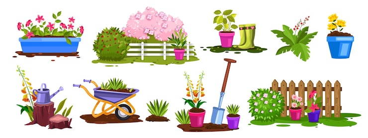 Vector conjunto de objetos de jardinería de verano botánico de patio trasero