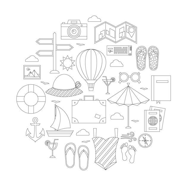 Conjunto de objetos de línea plana de vacaciones de verano. Ilustración vectorial de objetos de viaje aislado en blanco