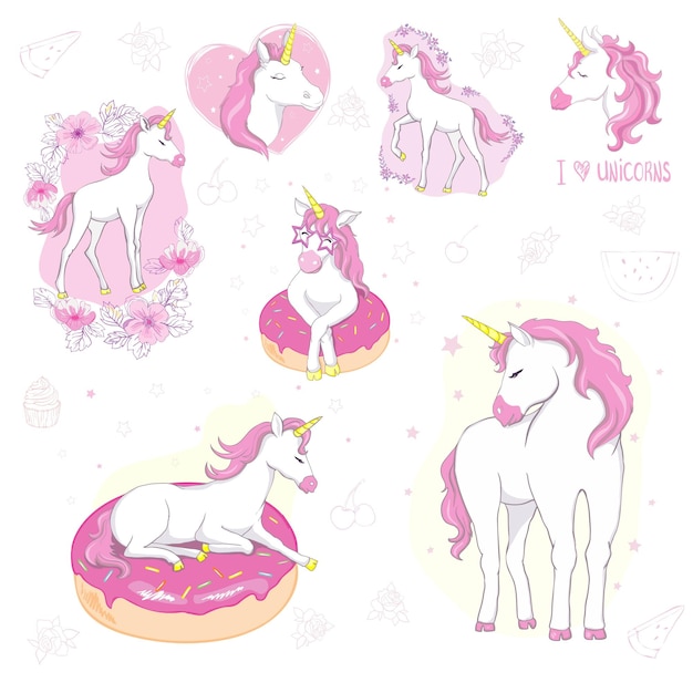 Conjunto de objetos mágicos de unicornios de dibujos animados vectoriales unicornios caminando vomitando arco iris comiendo donut patinando jugando con varita mágica nube estrella con cara emociones auriculares smartphone helado