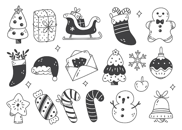 Conjunto de objetos navideños dibujados a mano en estilo doodle