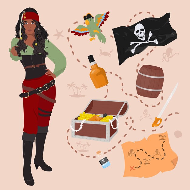 Vector conjunto de objetos piratas, cofre del tesoro, bandera, loro, mapa, barril, espada, veneno, ron.