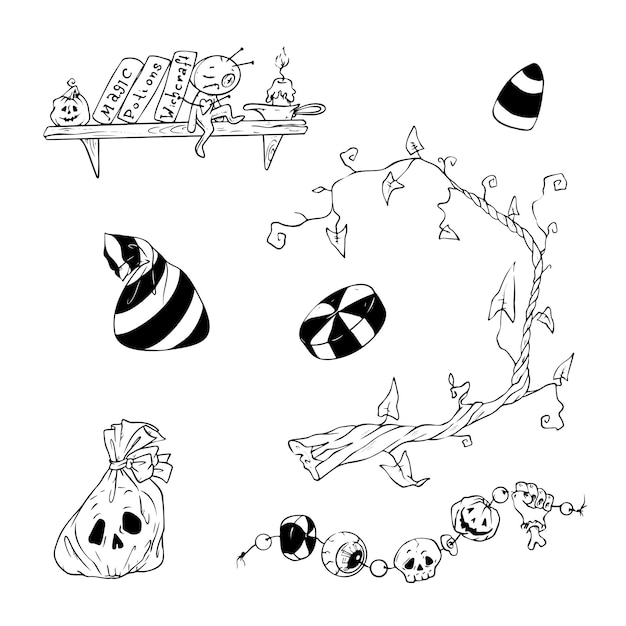 Un conjunto de objetos y plantas para la ilustración vectorial de halloween