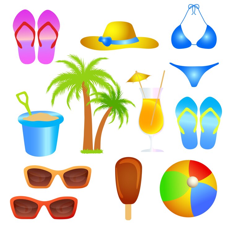 Conjunto de objetos de playa de vacaciones de verano