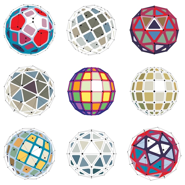 Conjunto de objetos polivinílicos bajos de estructura alámbrica dimensional vectorial, formas de facetas esféricas con rejilla. La colección de elementos de malla 3d de tecnología se puede utilizar como formas de diseño en ingeniería.