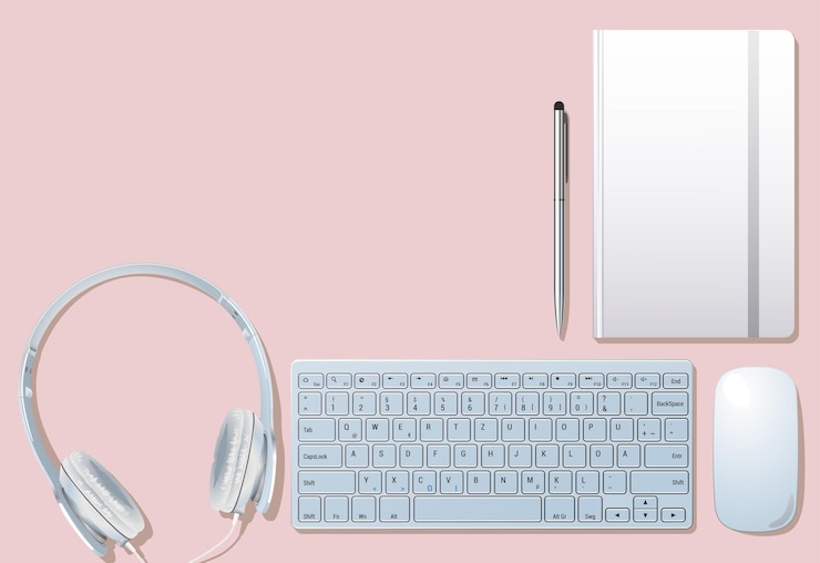 Vector conjunto de objetos sobre un fondo rosa. cursor de computadora con teclado. auriculares con bolígrafo en la parte superior. mentiras del portátil. ilustración