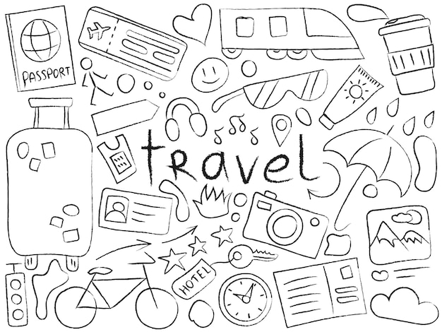 Un conjunto de objetos sobre el tema de las vacaciones de viaje con inscripción viajes Artículos de transporte turístico Sketch