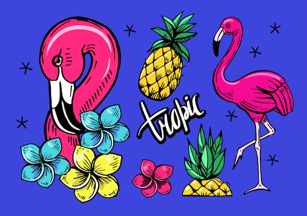 Conjunto de objetos tropicales con flamencos, piña