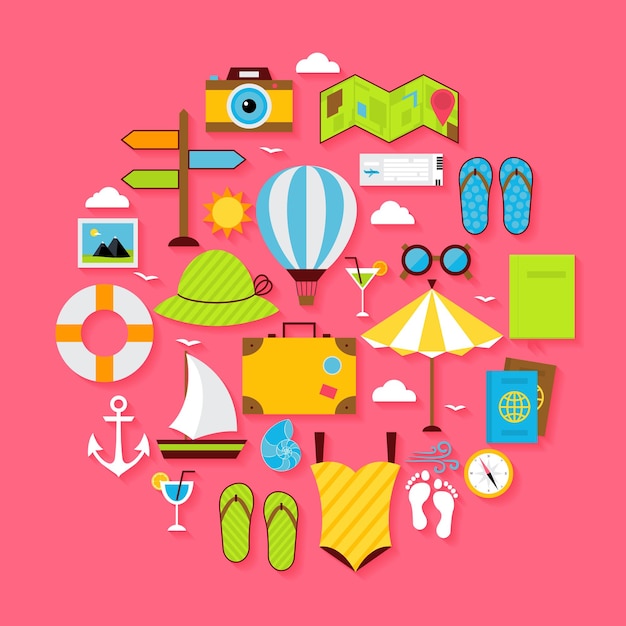 Conjunto de objetos de vacaciones de verano plano. vector plano estilizado vacaciones, viajes y mar ilustración