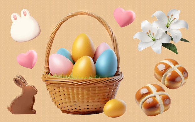 Un conjunto de objetos vectoriales 3D de Pascua Huevos de Pascua Cesta de chocolate Conejo Lirio Flores Pan cruzado