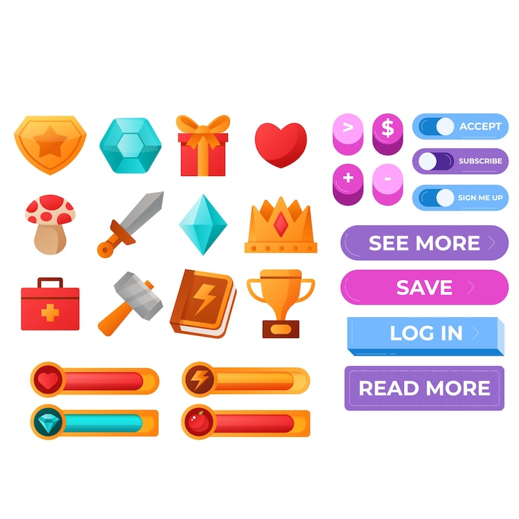 Vector conjunto de objetos vectoriales de arte de píxeles minimalistas aislados botones de juego de píxels juego de video nostálgico pixe