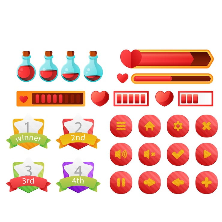 Vector conjunto de objetos vectoriales de arte de píxeles minimalistas aislados botones de juego de píxels juego de video nostálgico pixe