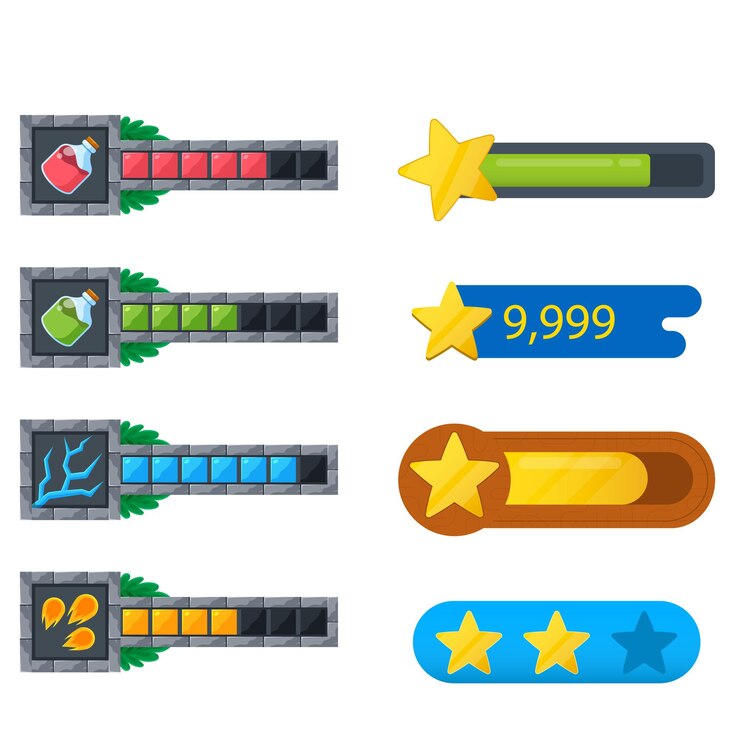 Vector conjunto de objetos vectoriales de arte de píxeles minimalistas aislados botones de juego de píxels juego de video nostálgico pixe