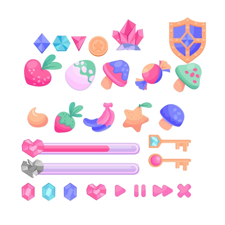 Vector conjunto de objetos vectoriales de arte de píxeles minimalistas aislados botones de juego de píxels juego de video nostálgico pixe