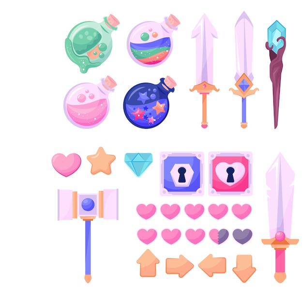 Conjunto de objetos vectoriales de arte de píxeles minimalistas aislados Botones de juego de píxels Juego de video nostálgico pixe