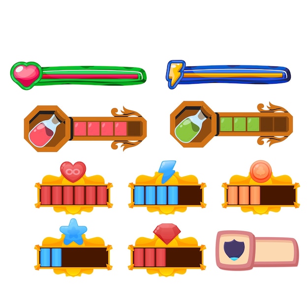 Conjunto de objetos vectoriales de arte de píxeles minimalistas aislados Botones de juego de píxels Juego de video nostálgico pixe