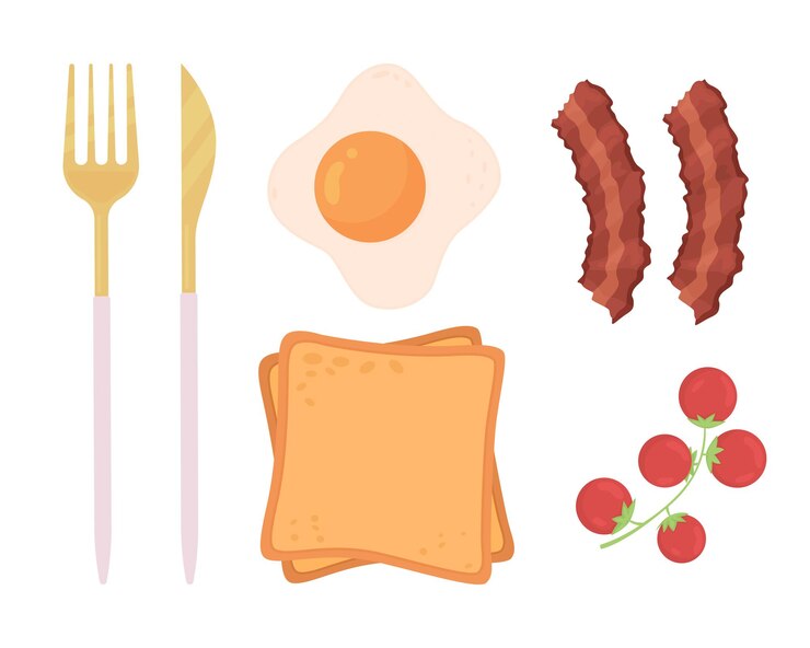 Vector conjunto de objetos vectoriales de color semiplano de desayuno. comida y herramientas de la mañana. elemento realista en blanco. ilustración de estilo de dibujos animados moderno aislado estilo de vida para diseño gráfico y colección de animación