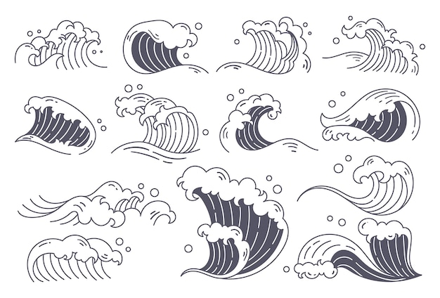Conjunto de ocean wave doodle elemento vector ilustración