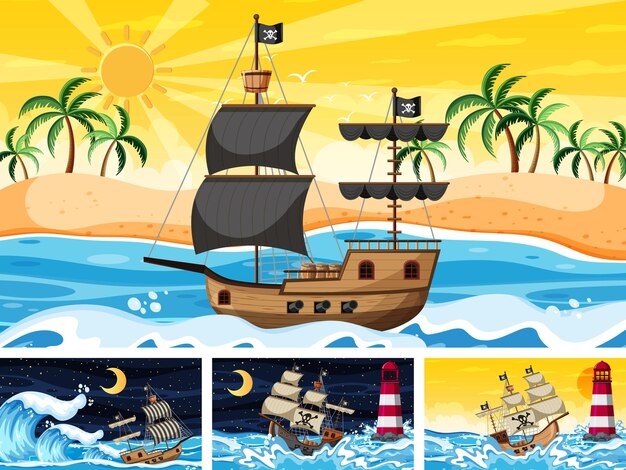 Conjunto de océano con barco pirata en diferentes momentos escenas en estilo de dibujos animados