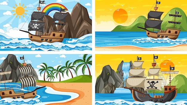 Conjunto de océano con barco pirata en diferentes momentos escenas en estilo de dibujos animados