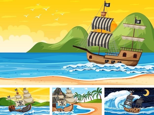 Conjunto de océano con barco pirata en diferentes momentos escenas en estilo de dibujos animados