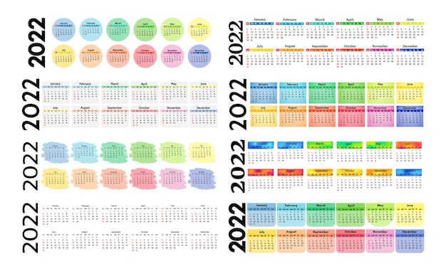 Conjunto de ocho calendarios verticales para 2022 aislado en un fondo blanco. De domingo a lunes, plantilla de negocios. Ilustración vectorial