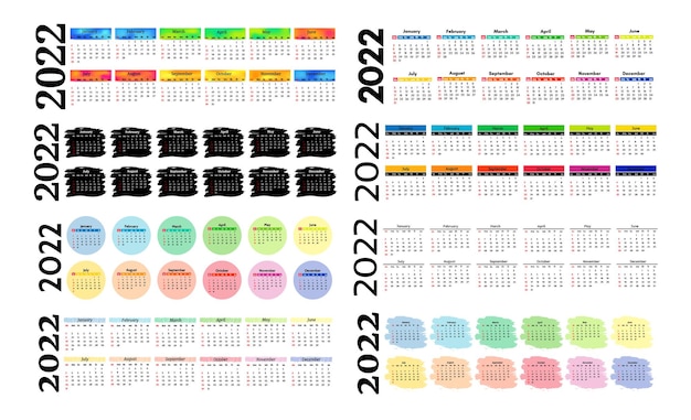 Conjunto de ocho calendarios verticales para 2022 aislado en un fondo blanco. De domingo a lunes, plantilla de negocios. Ilustración vectorial