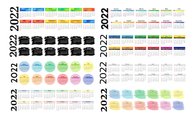 Conjunto de ocho calendarios verticales para 2022 aislado en un fondo blanco. de domingo a lunes, plantilla de negocios. ilustración vectorial